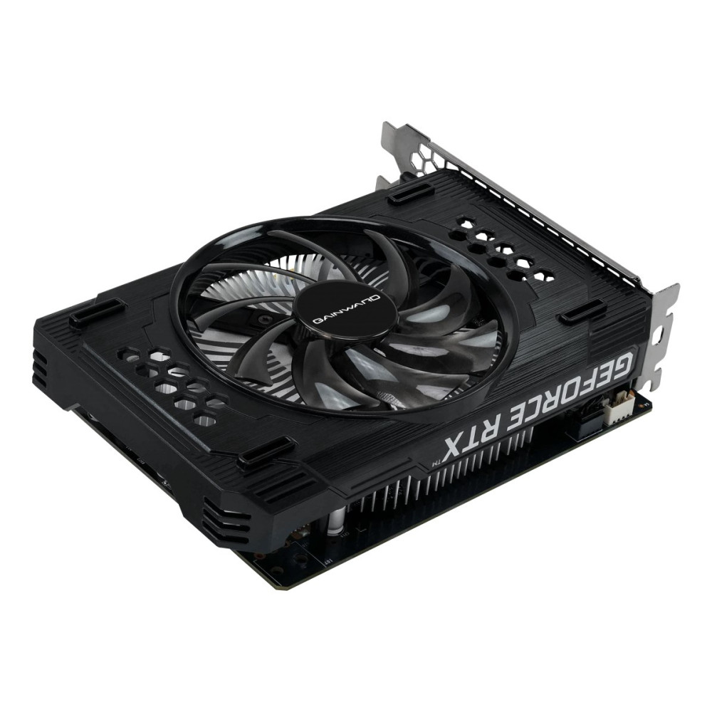 Czarna karta graficzna Gainward GeForce RTX z jednym wentylatorem na białym tle.
