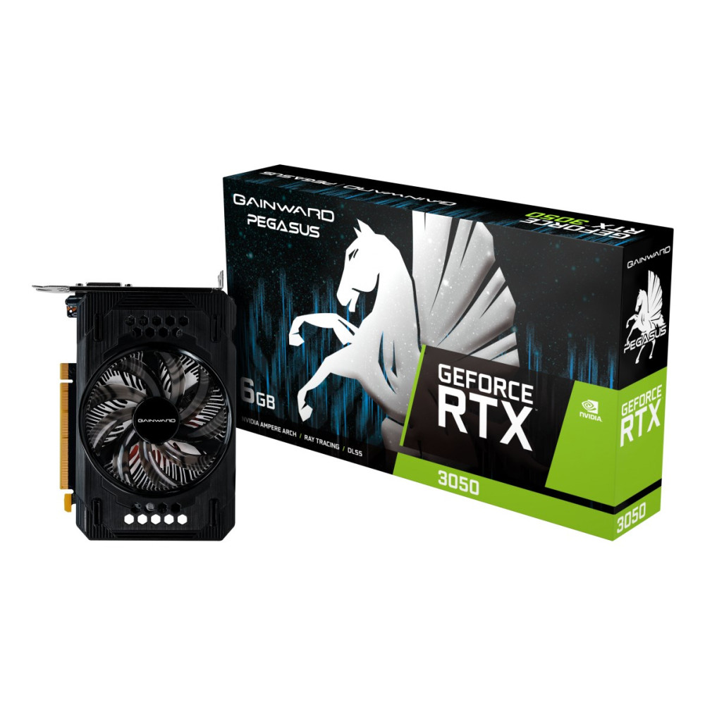 Karta graficzna Gainward Pegasus GeForce RTX 3050 obok swojego oryginalnego pudełka.