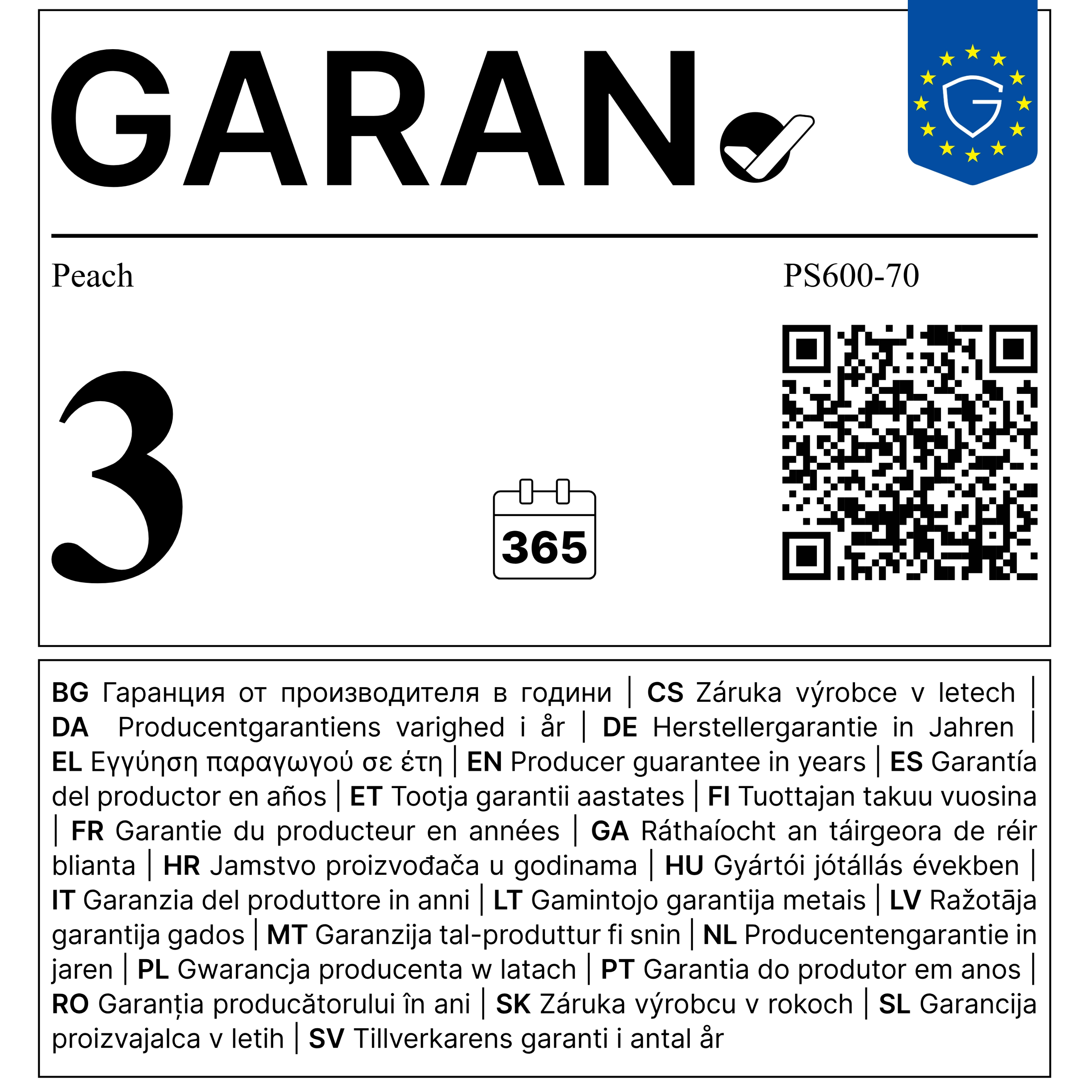 Etichetta di garanzia con la parola GARAN, un grande numero 3, icona calendario, codice QR e testo multilingue.