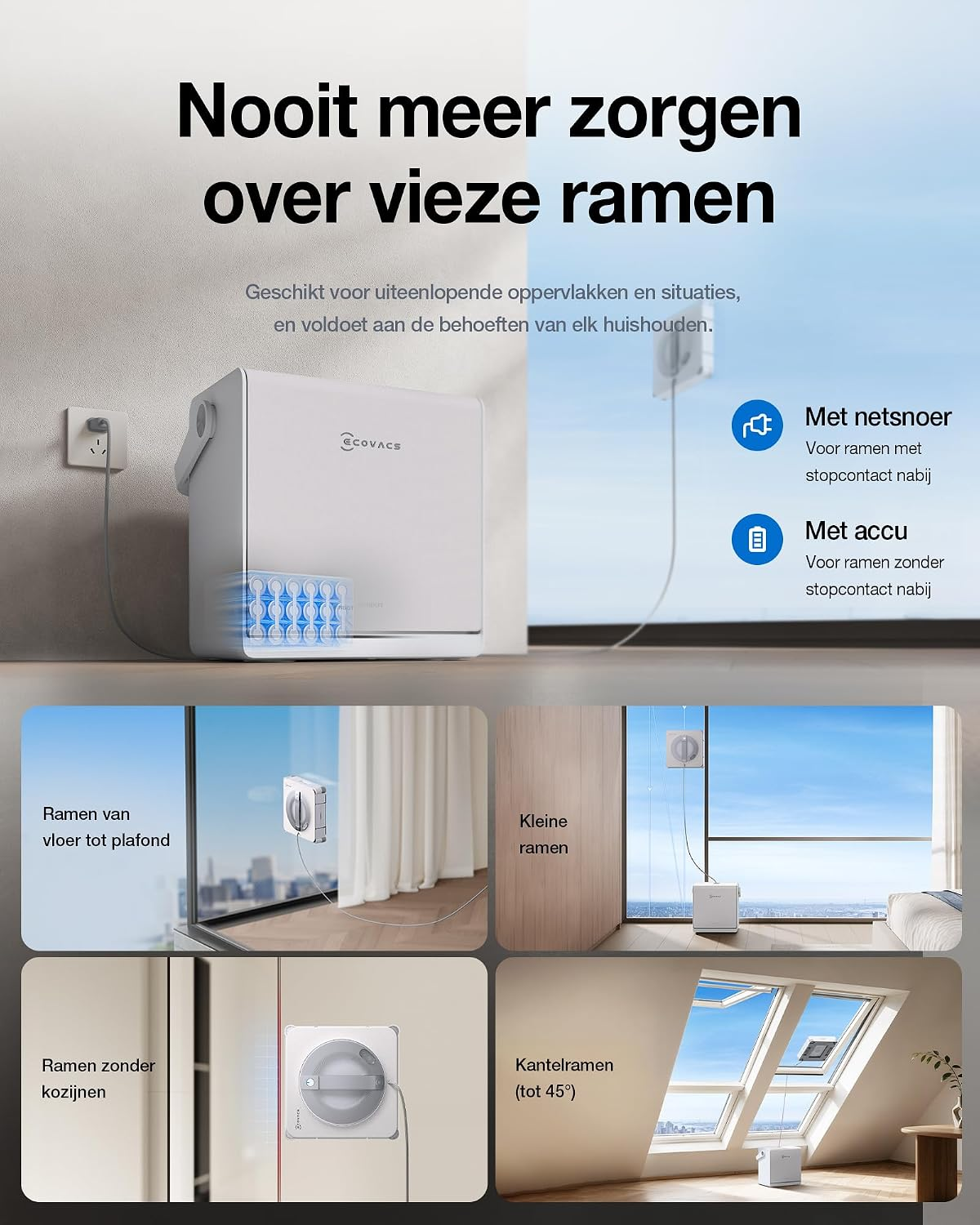 Promotional image for a white Ecovacs window cleaning robot with various application scenarios and Dutch text.