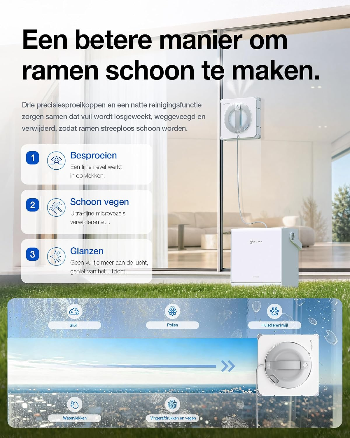 A white window-cleaning robot cleans glass, shown with Dutch infographics and text overlays.
