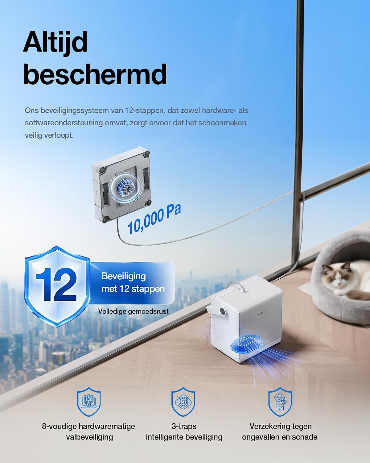 A window cleaning robot on glass with a city view, connected to an indoor base station.