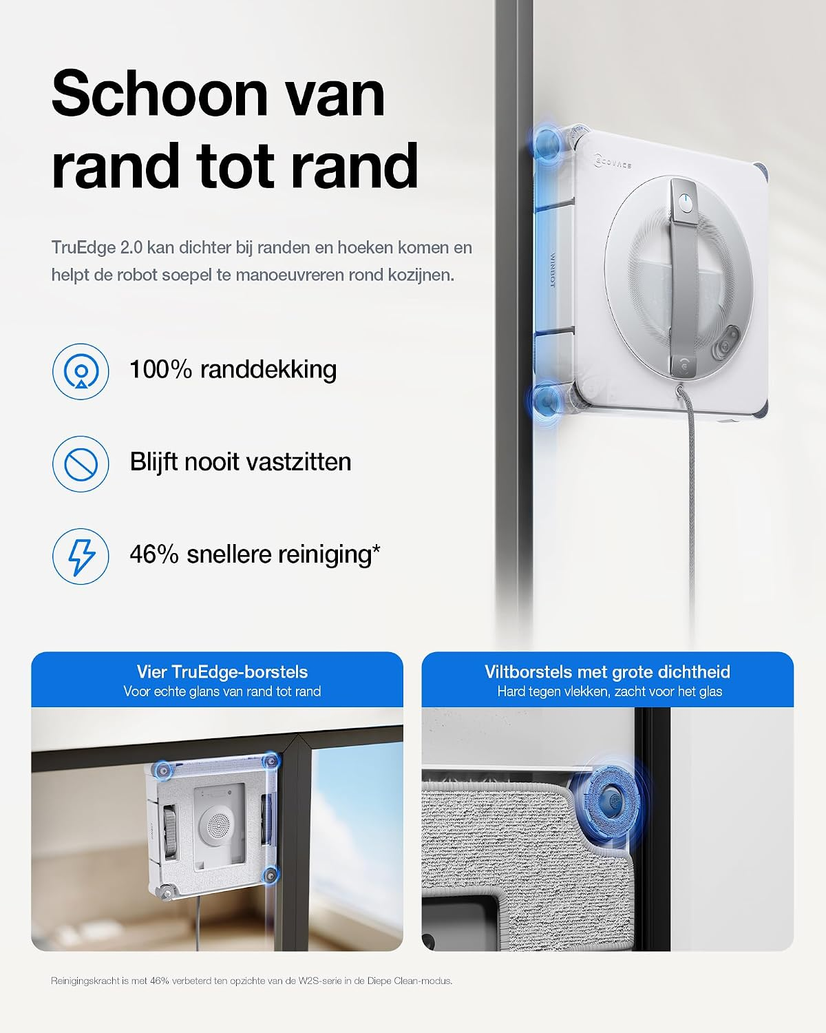 A white window cleaning robot cleans glass, with Dutch text highlighting edge cleaning features and brush details.