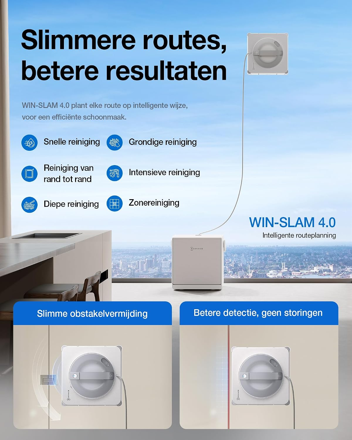 Promotional image of a smart window cleaning robot with a base station and feature icons against a city skyline.