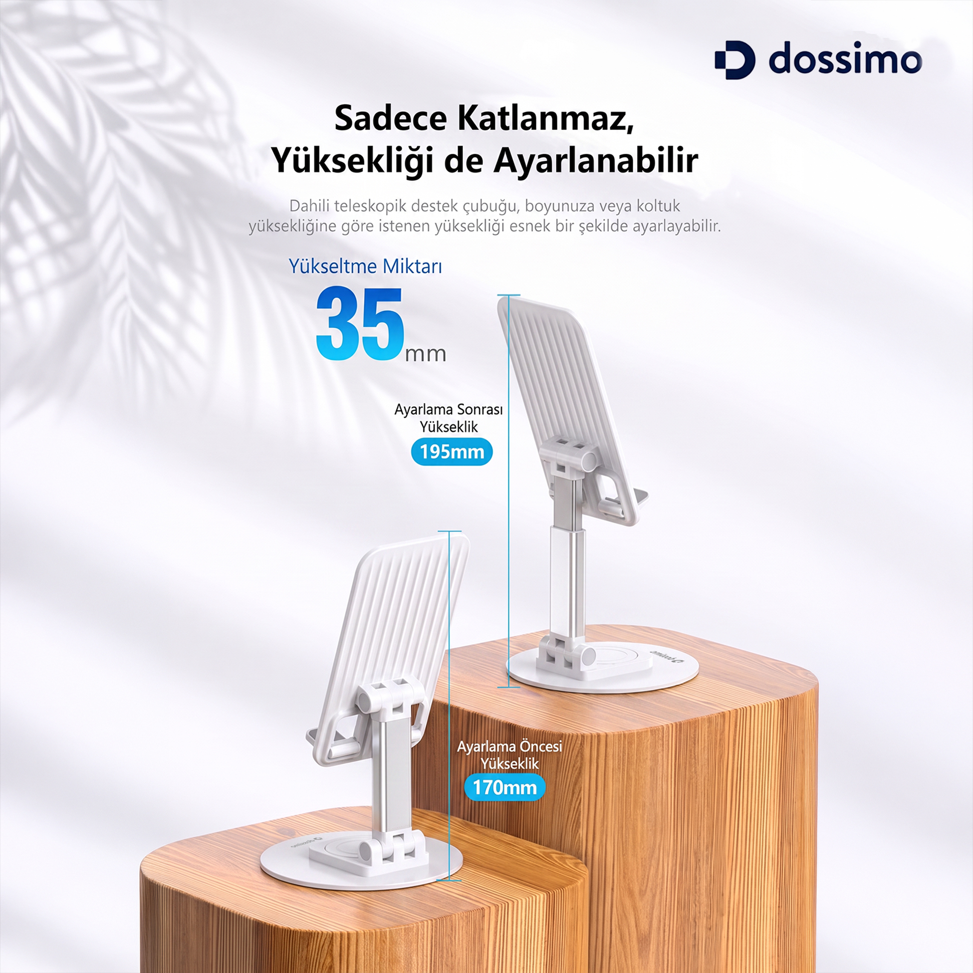 Ahşap kaideler üzerinde ölçüleri gösteren iki ayarlanabilir beyaz telefon tutucu.