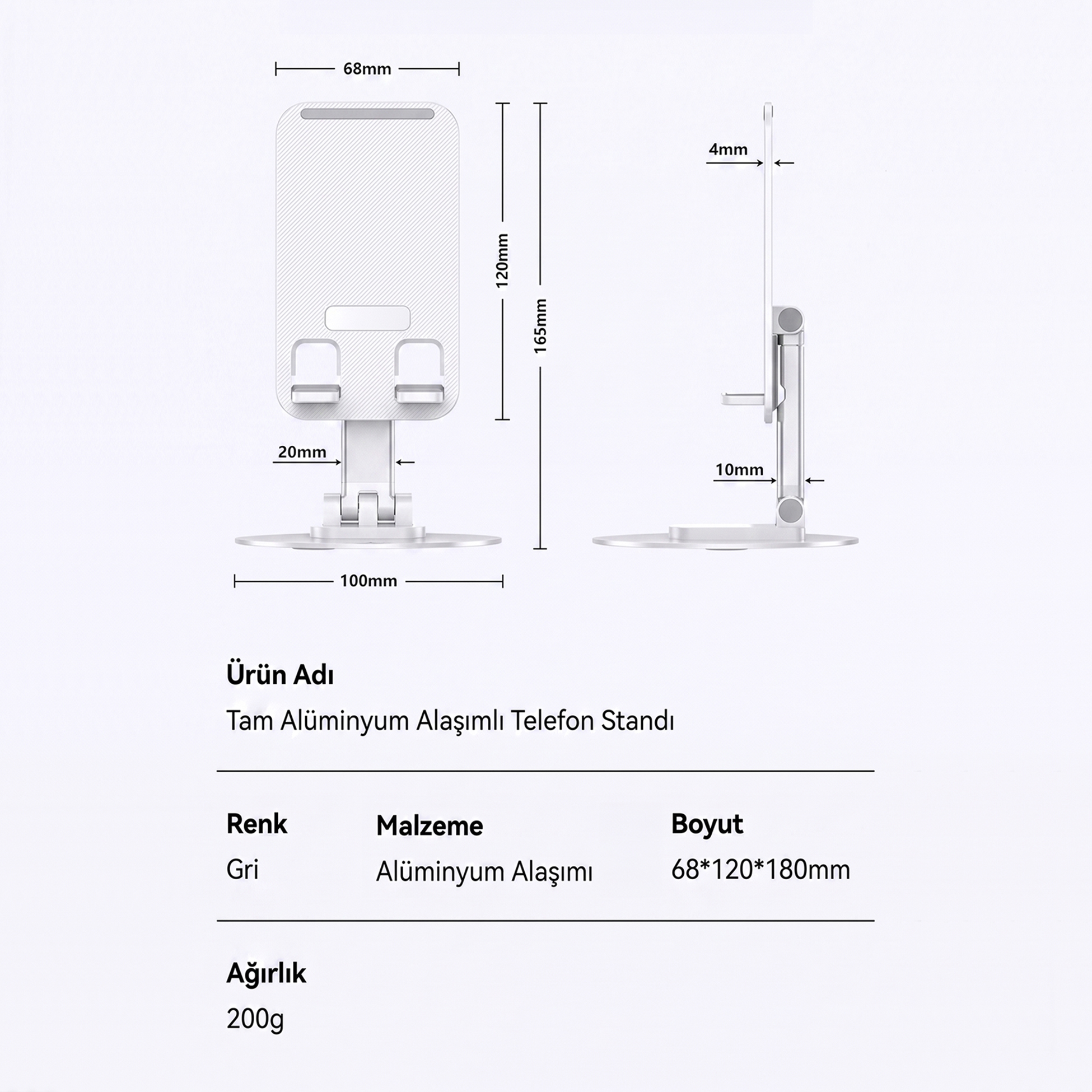Ölçüleri, malzemesi ve ağırlığı ile gri alüminyum telefon standının teknik çizimi.