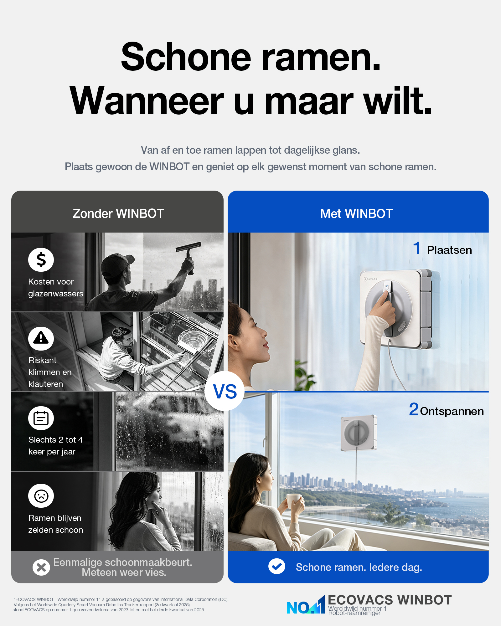 Comparison between manual window cleaning vs. effortless cleaning using the WINBOT robot.