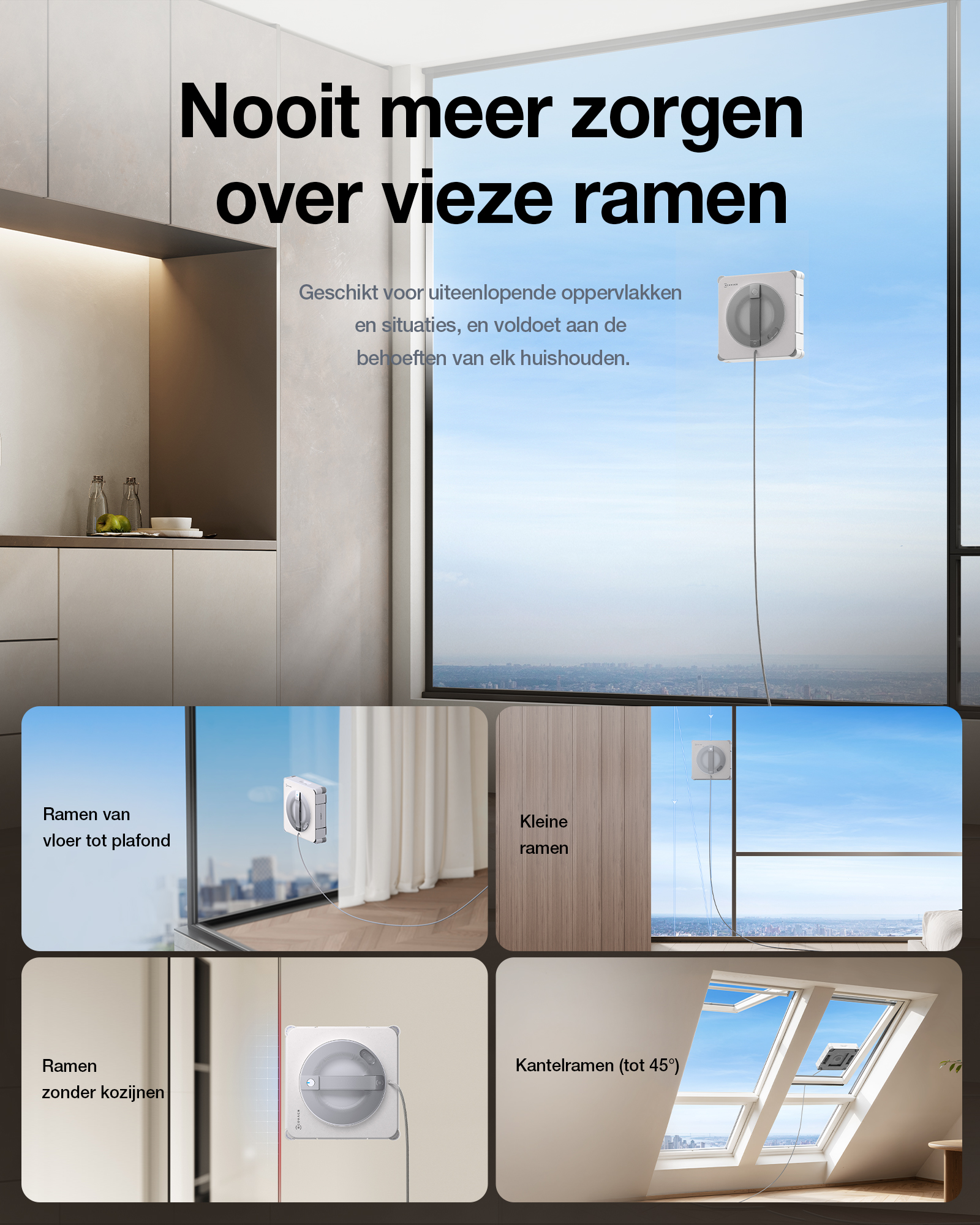 An automatic window cleaning robot cleans large glass surfaces in a modern apartment with a wide view.