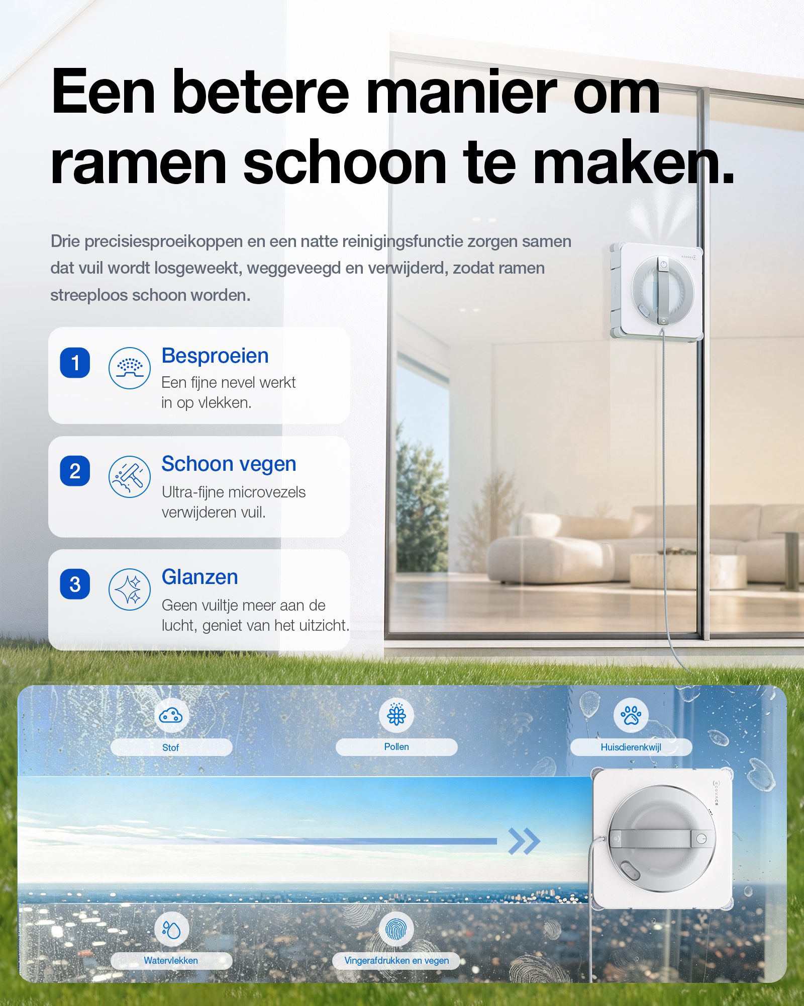 A white window cleaning robot cleans a glass door, with Dutch text and feature icons overlaid on the image.