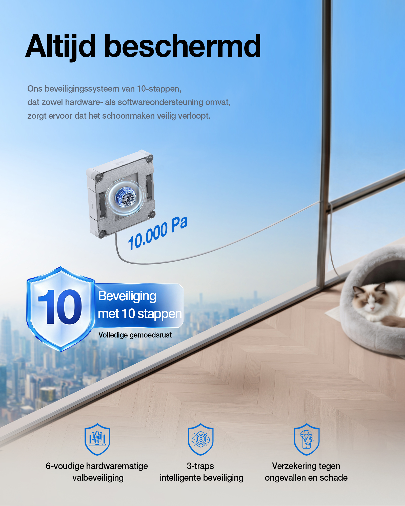 Window cleaning robot on a high-rise window with 10-step security and a cat in a bed.