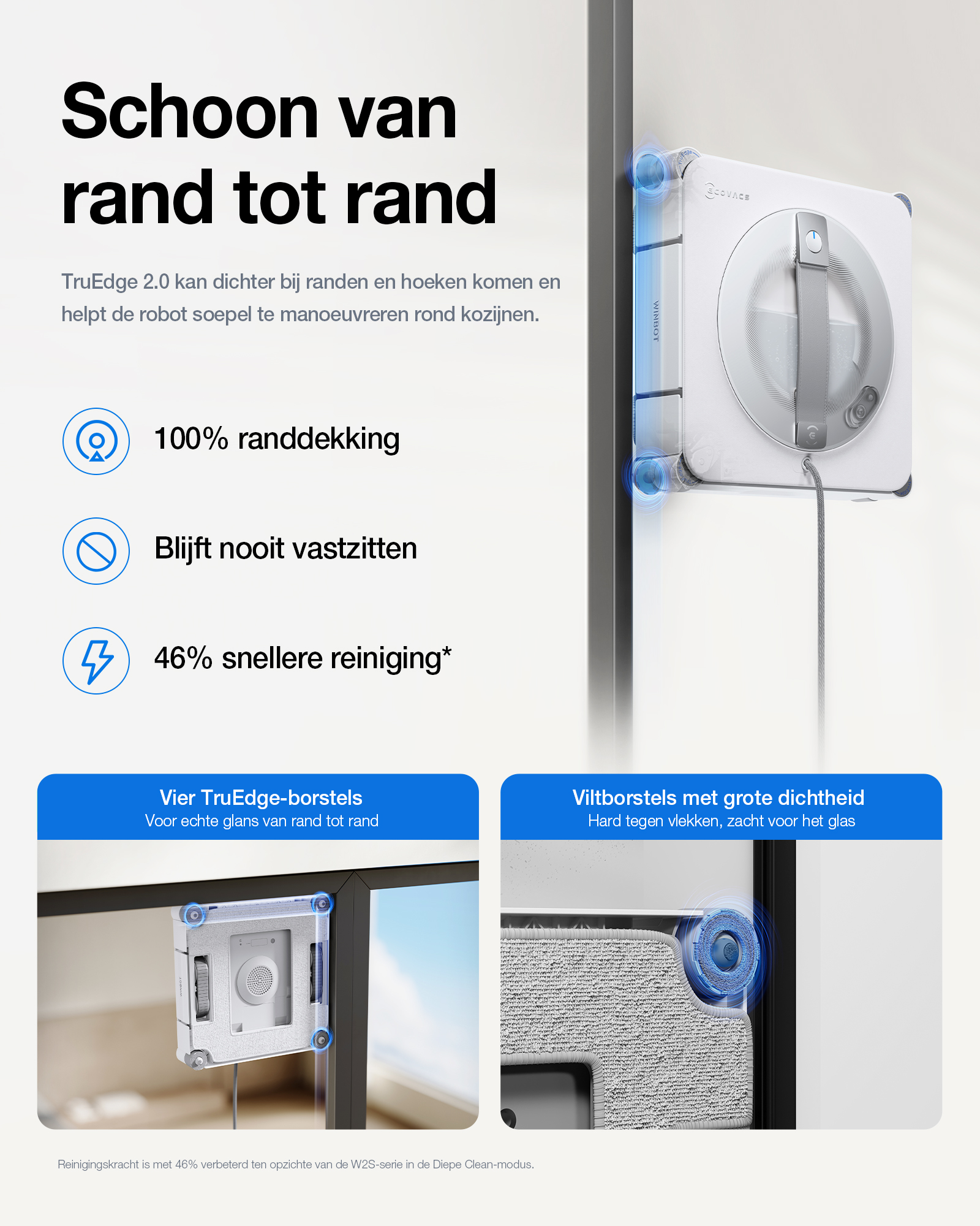 A white window-cleaning robot cleans glass near a frame, with text and feature icons overlaid.