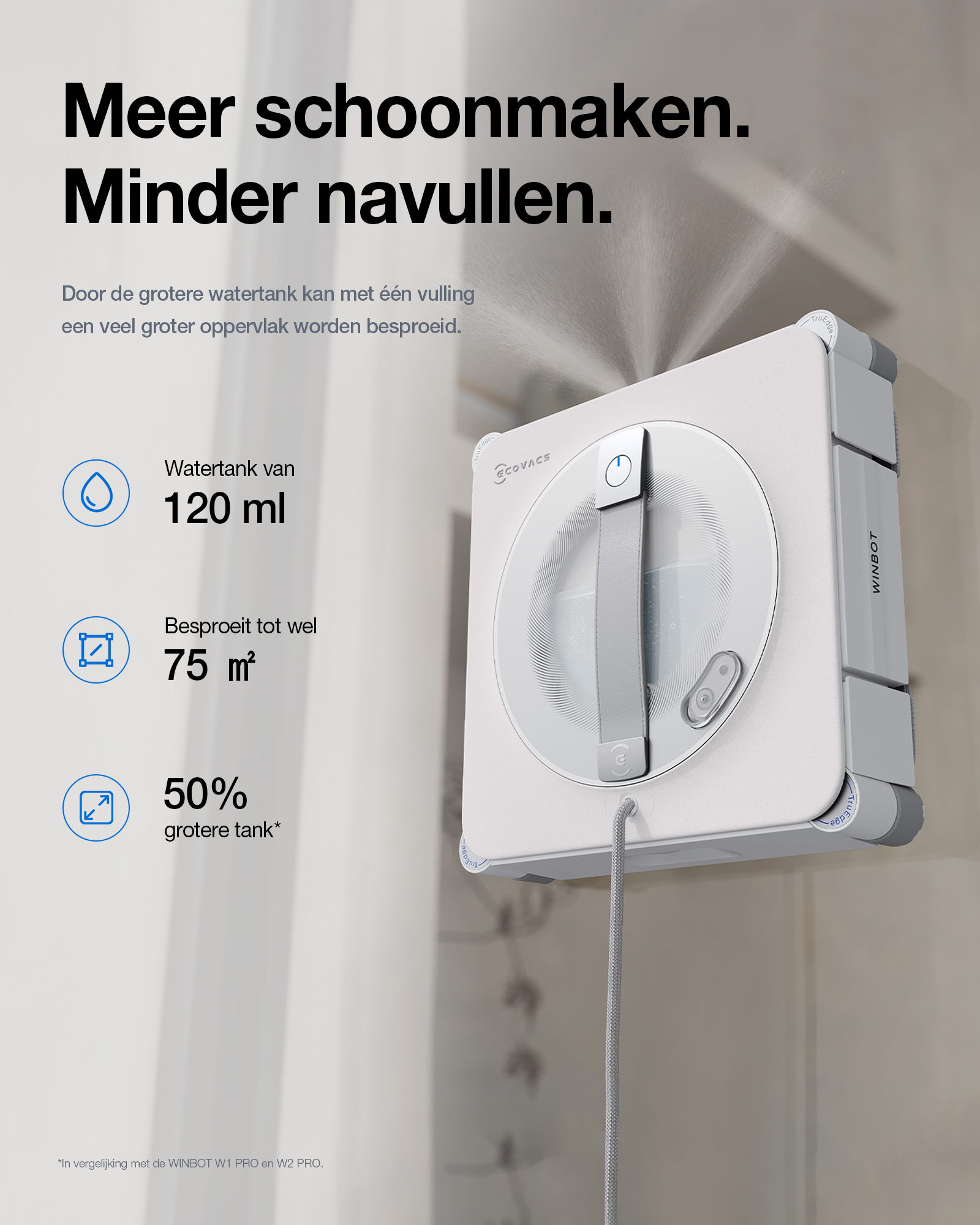 White window cleaning robot spraying water on glass, with text detailing its 120ml tank and 75 sqm coverage.