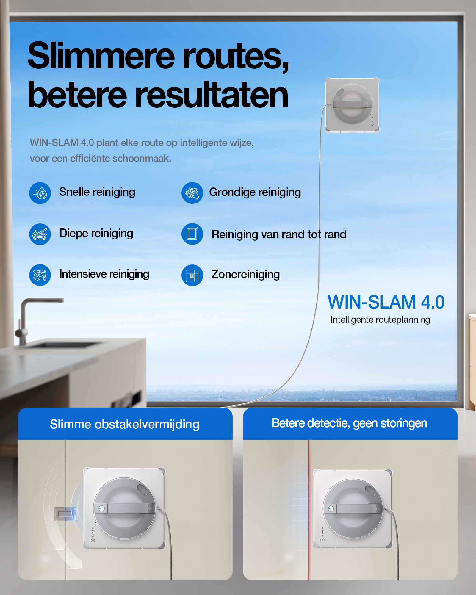 Ecovacs window cleaning robot on glass, with text overlays and feature icons.