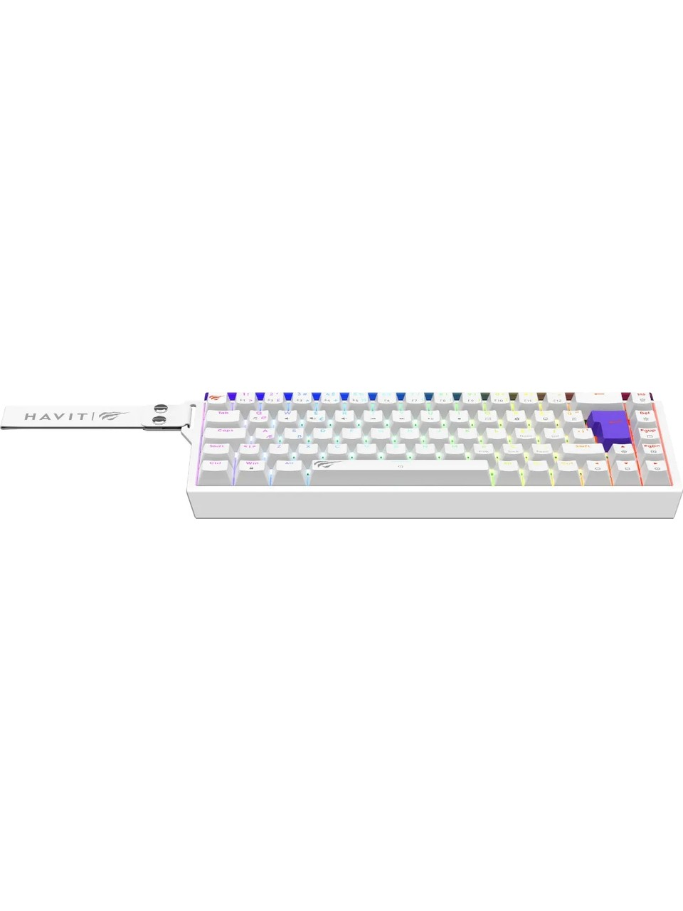 RGB arka aydınlatmalı ve Havit logolu yan kayışa sahip beyaz mekanik klavye.