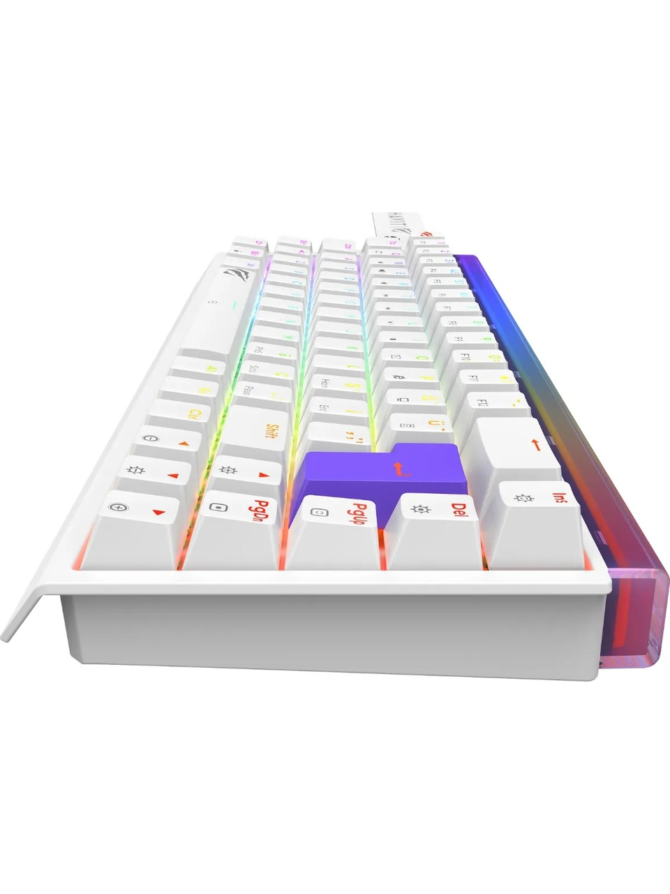 RGB aydınlatmalı ve mor boşluk tuşlu beyaz oyuncu klavyesi, açılı yandandan görünüm.