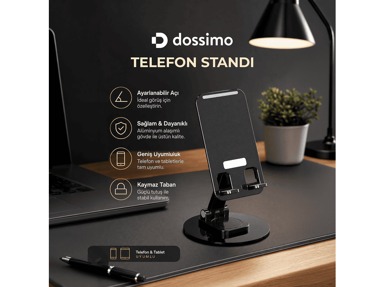 DOSSIMO DST-04 Katlanabilir 360 Dönebilen Ayarlanabilir Tutucu Masaüstü Telefon Standı