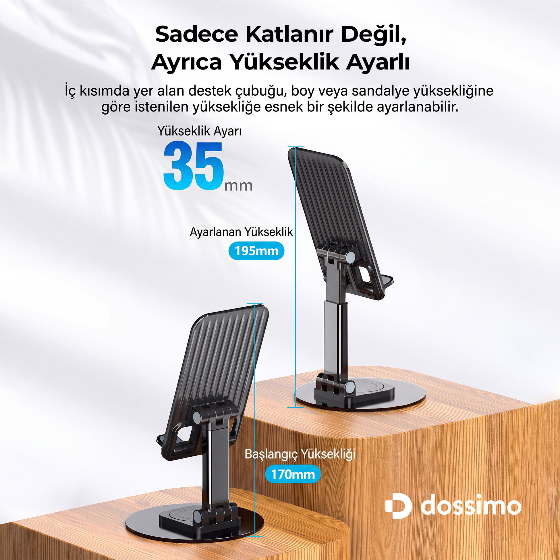 Ahşap zeminler üzerinde turkuaz ölçü etiketleriyle yükseklikleri ayarlanabilir iki siyah tablet standı.
