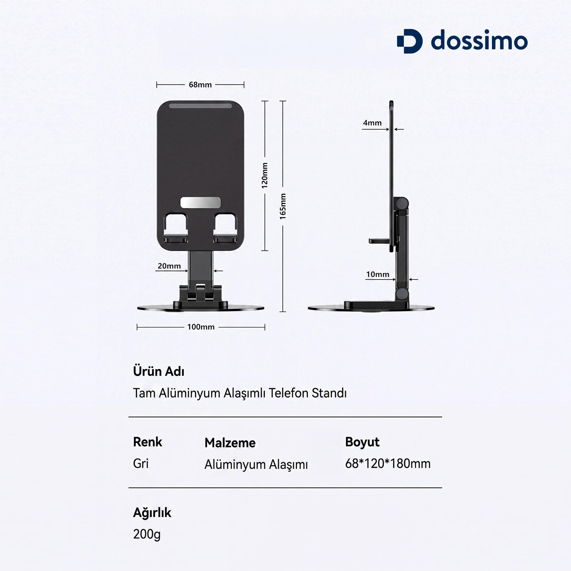 Gri renkli alüminyum telefon standının teknik çizimi ve ölçüleri.
