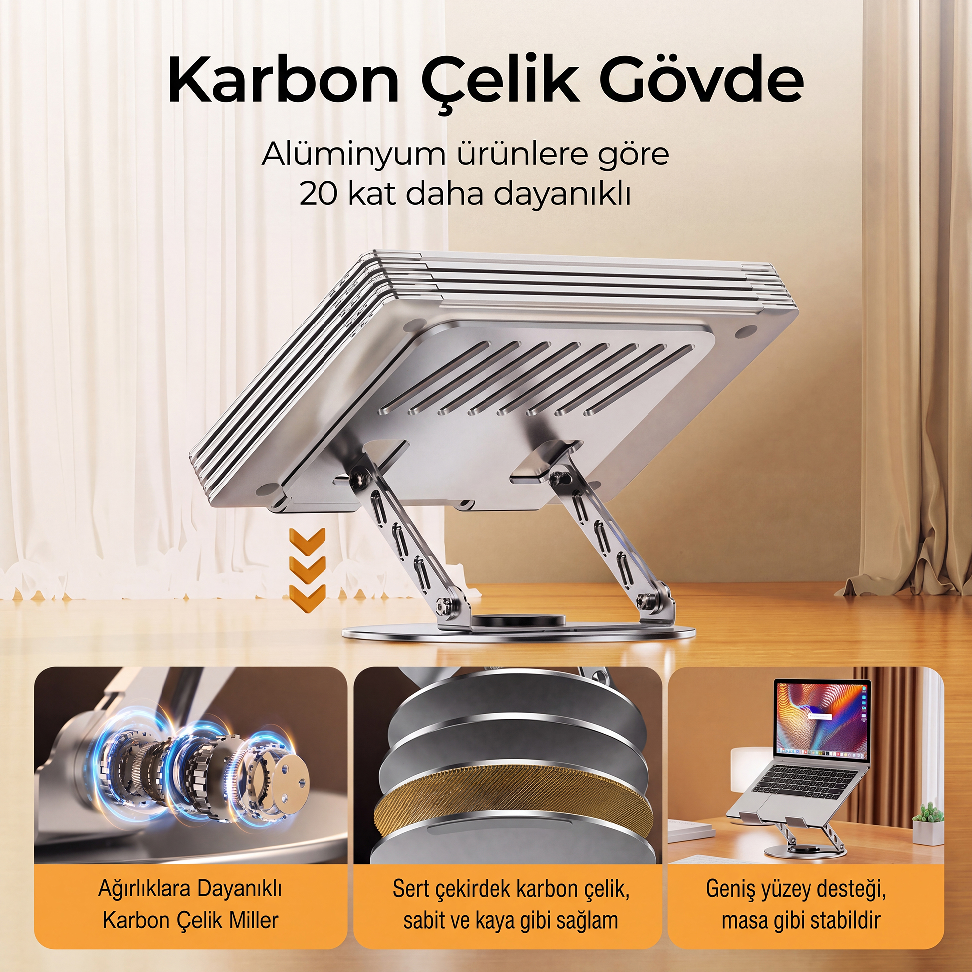 Karbon çelik gövdeli laptop standı ve altta üç adet detay görseli.