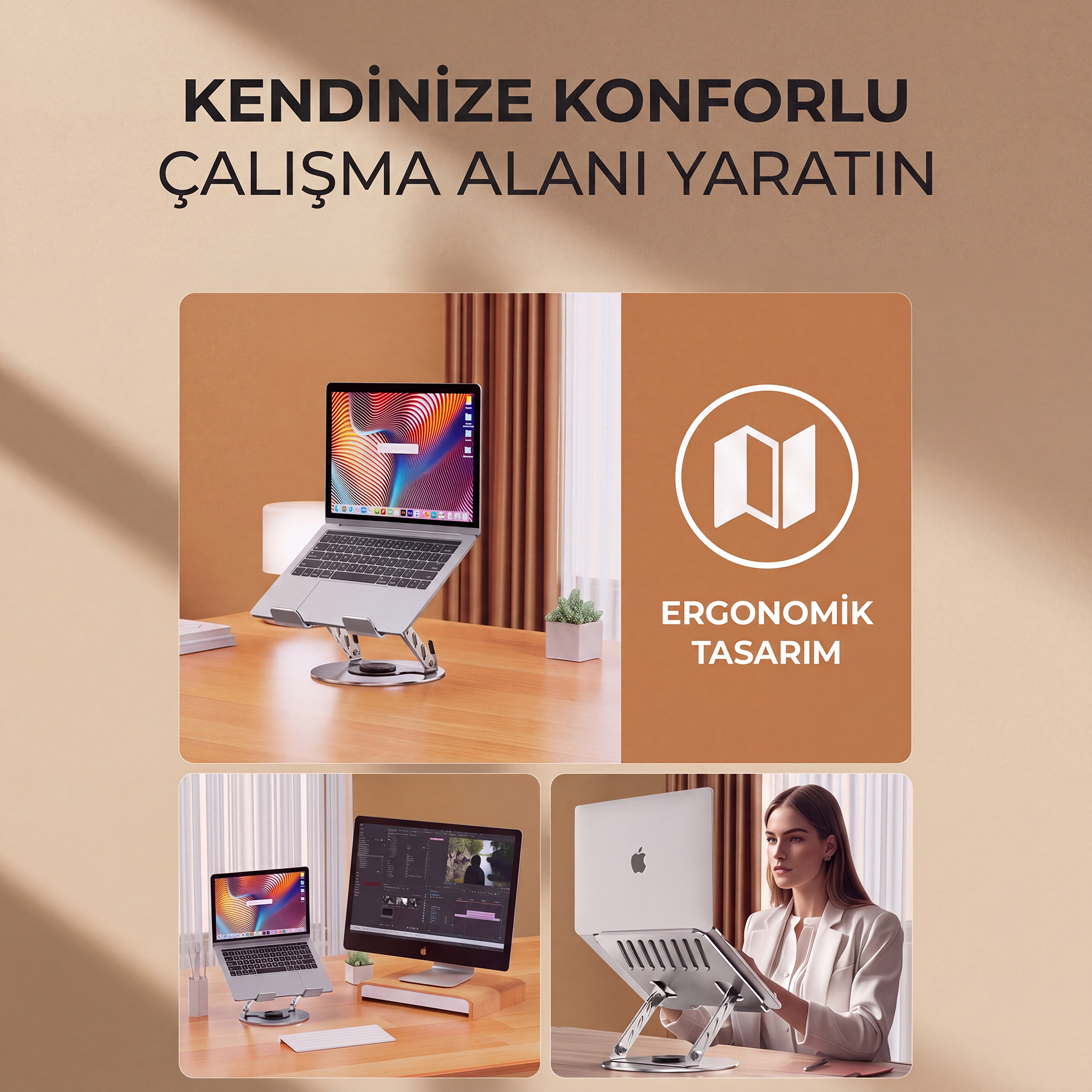 Ahşap bir masada, gümüş renkli ergonomik stant üzerinde duran bir dizüstü bilgisayar ve tanıtım yazıları.