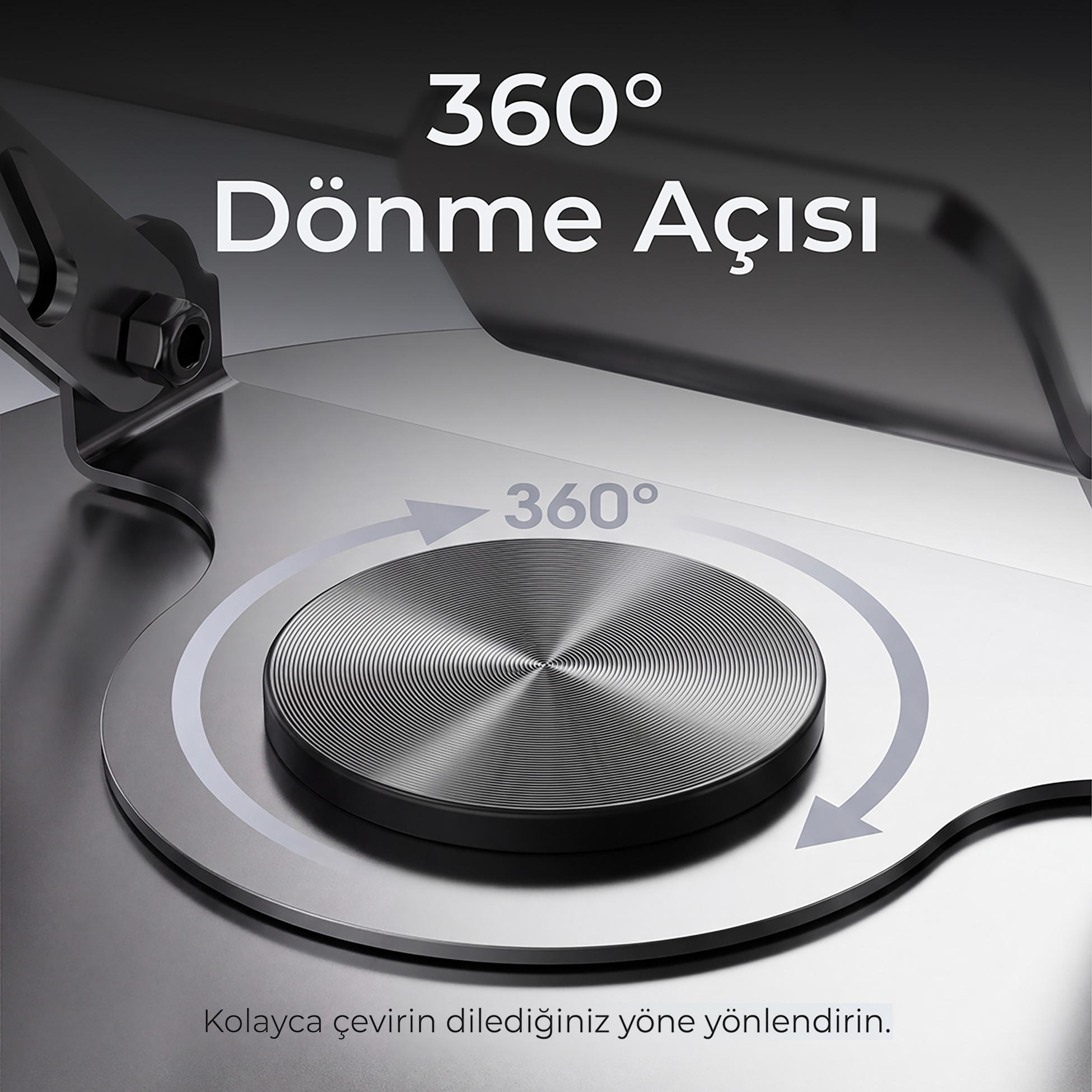 360 derece dönme okuna ve metne sahip taban üzerinde yuvarlak gümüş metal düğme.