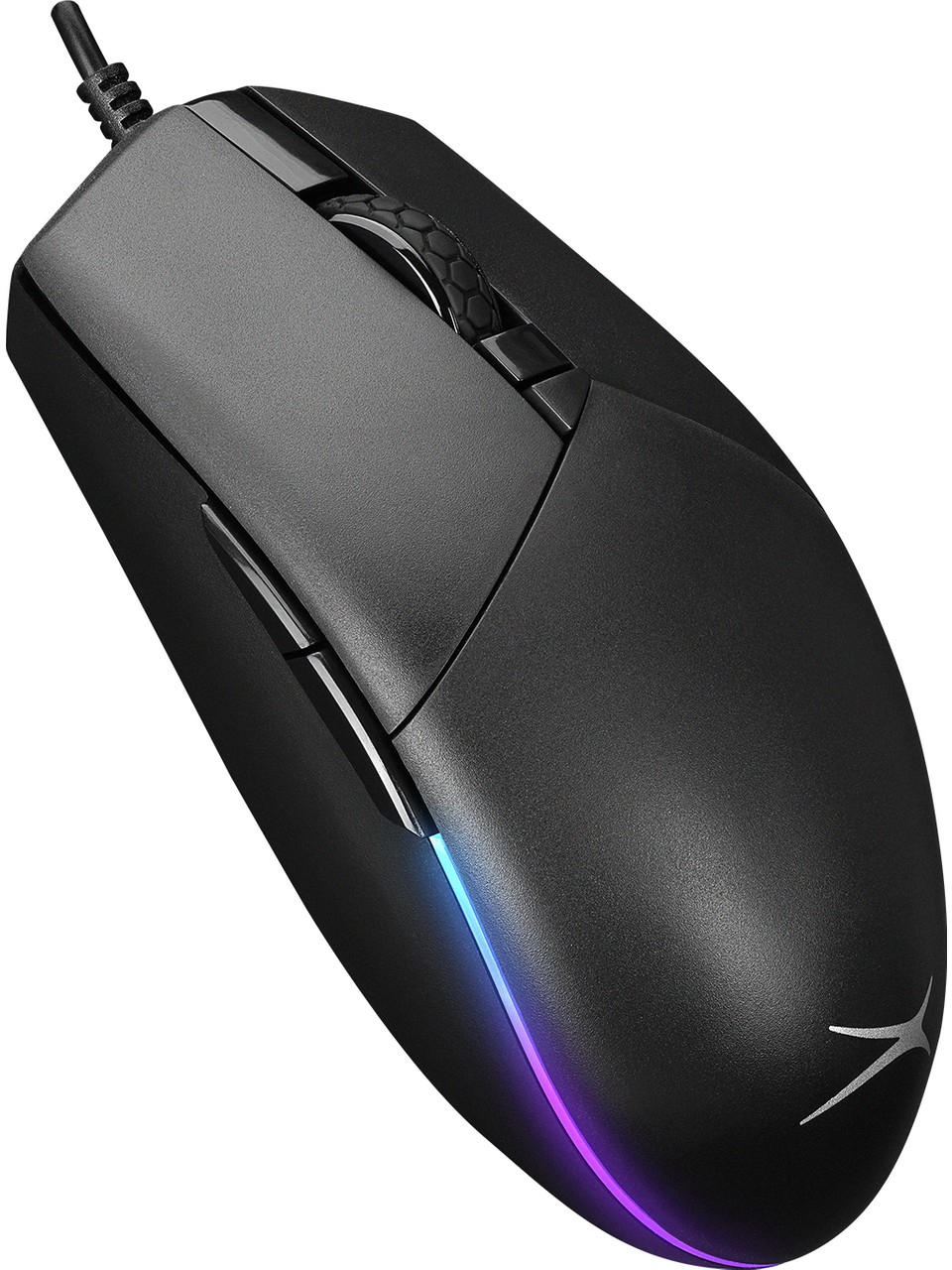RGB aydınlatmalı ve yan tuşlu siyah kablolu oyun faresi.