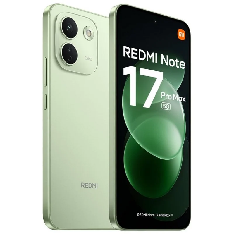 Smartphone Redmi Note 17 Pro Max 5G verde chiaro con schermo frontale e doppia fotocamera.