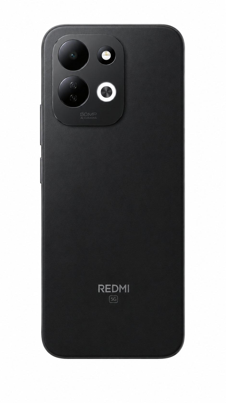 Parte trasera de un smartphone negro Redmi 5G con módulo de doble cámara y flash LED.
