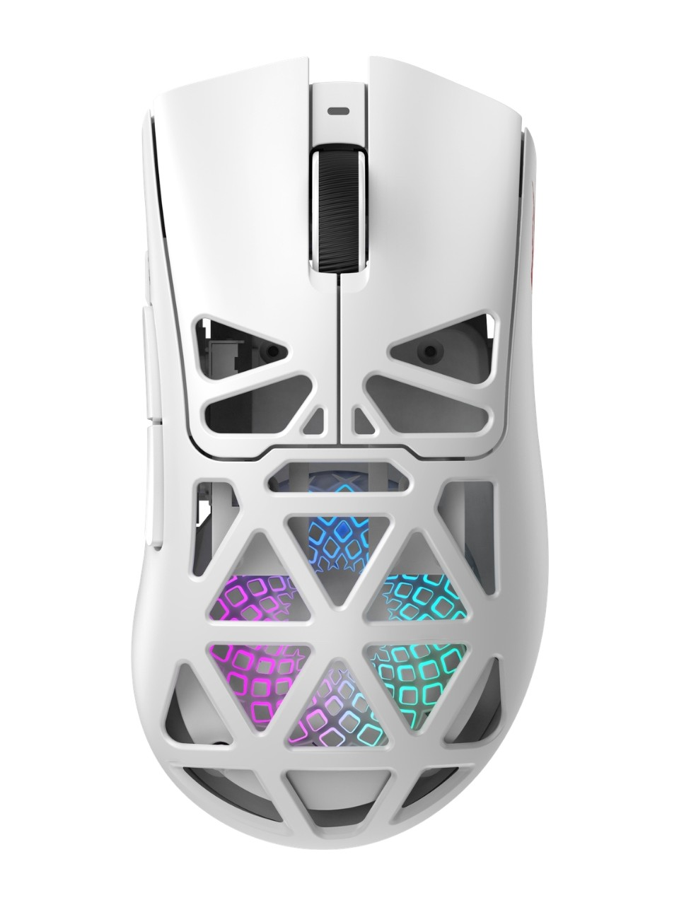 İçerisinde üçgen kesikler ve renkli parlayan RGB öğeler bulunan beyaz bir oyuncu faresi.