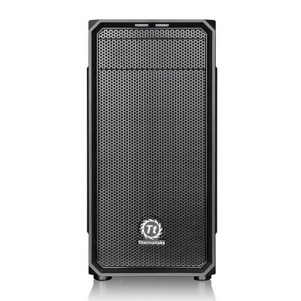 Widok z przodu czarnej obudowy komputera Thermaltake z metalową siatką.
