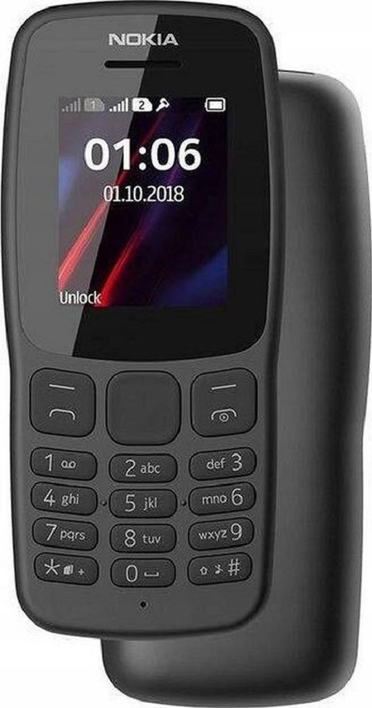 Ein schwarzes Nokia Tastentelefon mit dem Bildschirm auf dem das Datum und die Uhrzeit 01:06 angezeigt werden.