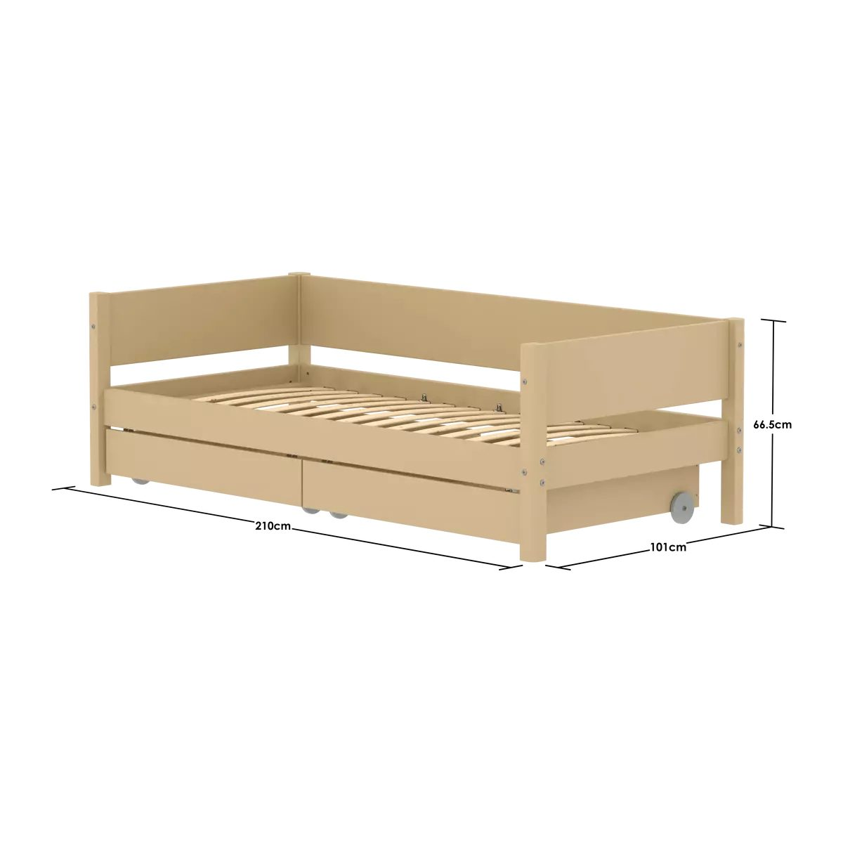 Beige Holztagesbett mit zwei Unterbett-Schubladen auf Rollen, Latschemrahmen und Maßangaben.