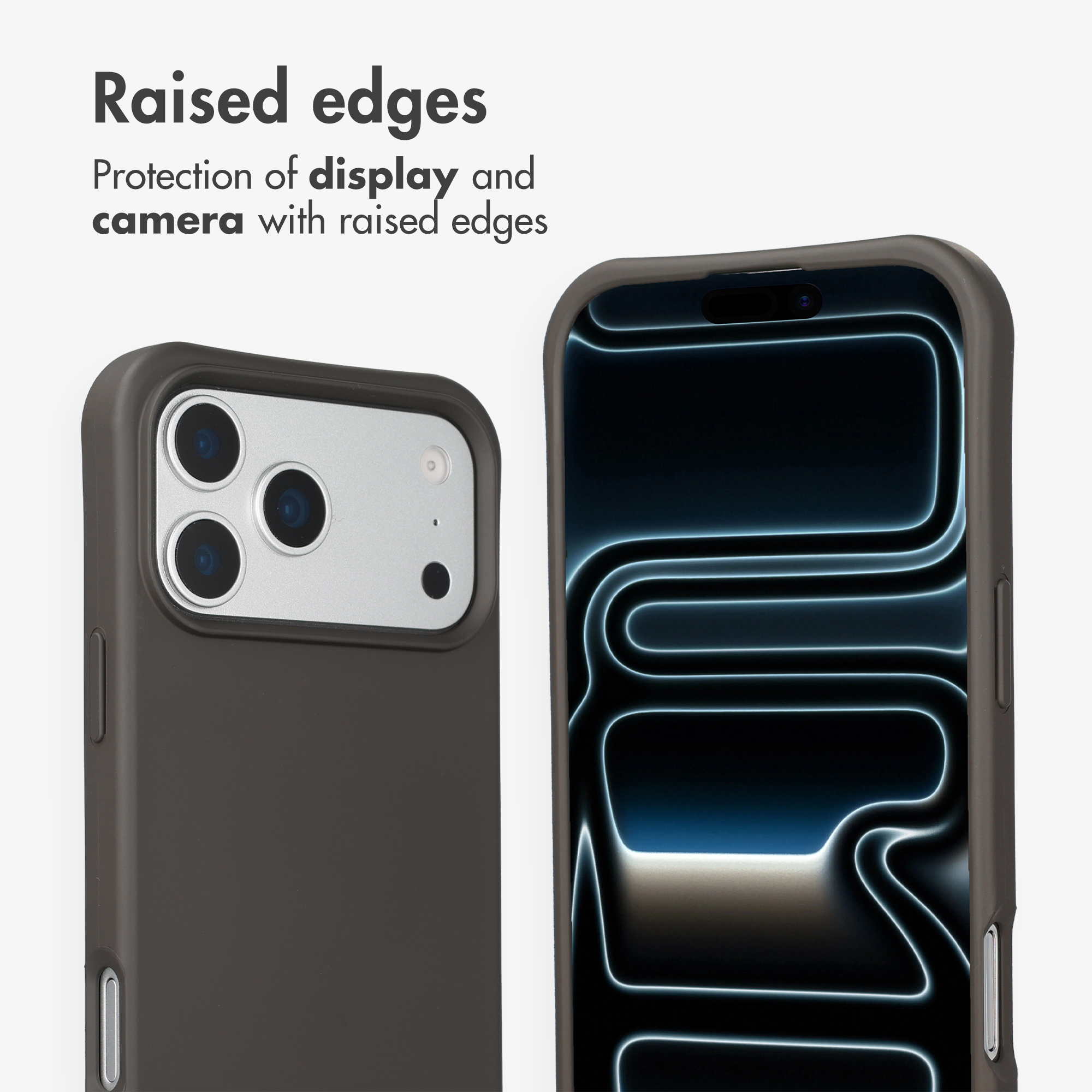 Due custodie grigie per smartphone mostrano bordi rialzati per proteggere schermo e fotocamera.