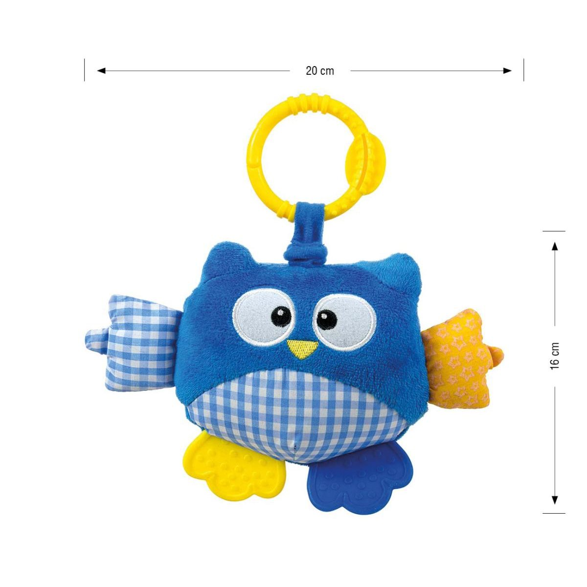 Ein blauer Plüsch-Eulenspielzeug mit gelbem Aufhängering, gemusterten Flügeln und Maßpfeilen von 20 cm und 16 cm.