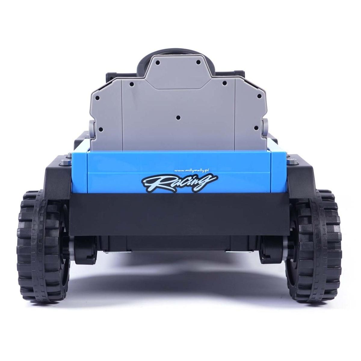 Rückansicht eines blau-grauen Spielzeug-Go-Karts mit großen schwarzen Rädern und Racing-Logo auf weißem Hintergrund.