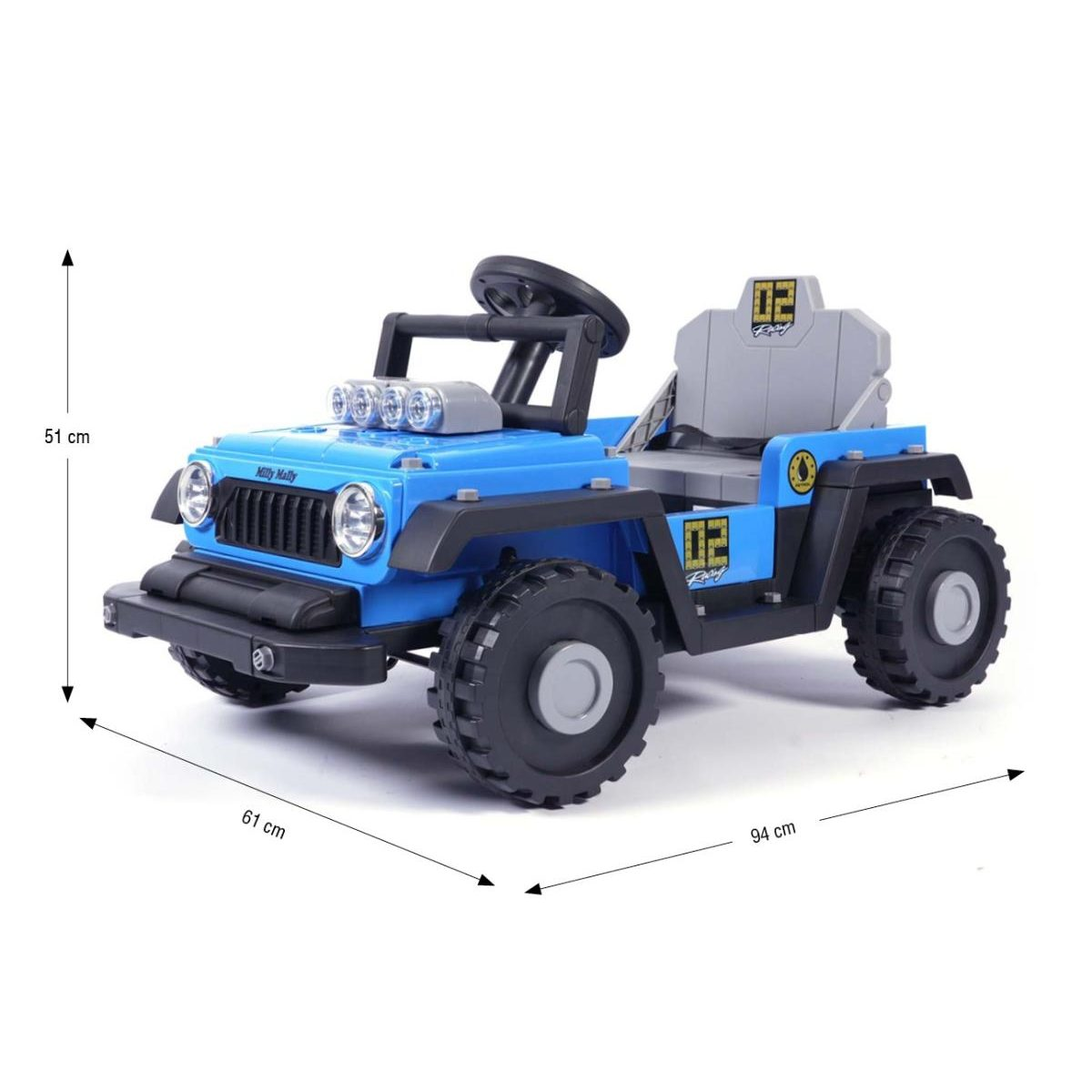 Ein blaues Spielzeugauto mit schwarzen Reifen, grauem Sitz und Maßen von 51 cm Höhe, 61 cm Breite und 94 cm Länge.