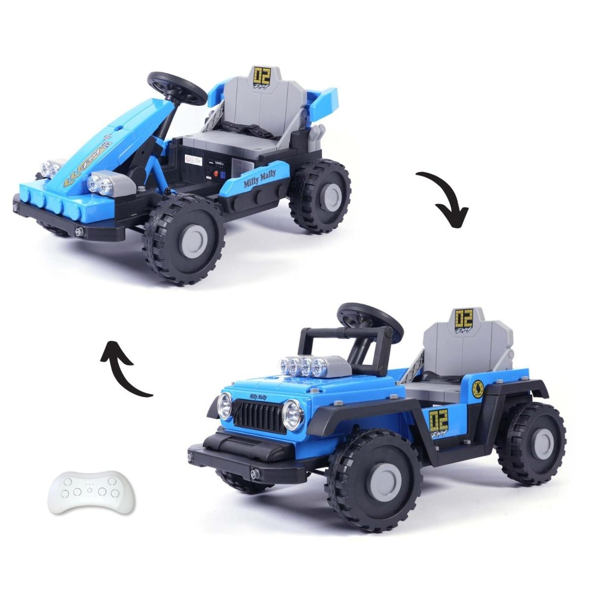 Ein blaues Spielzeugauto, das sich in ein Go-Kart verwandeln lässt, mit Fernbedienung auf weißem Hintergrund.