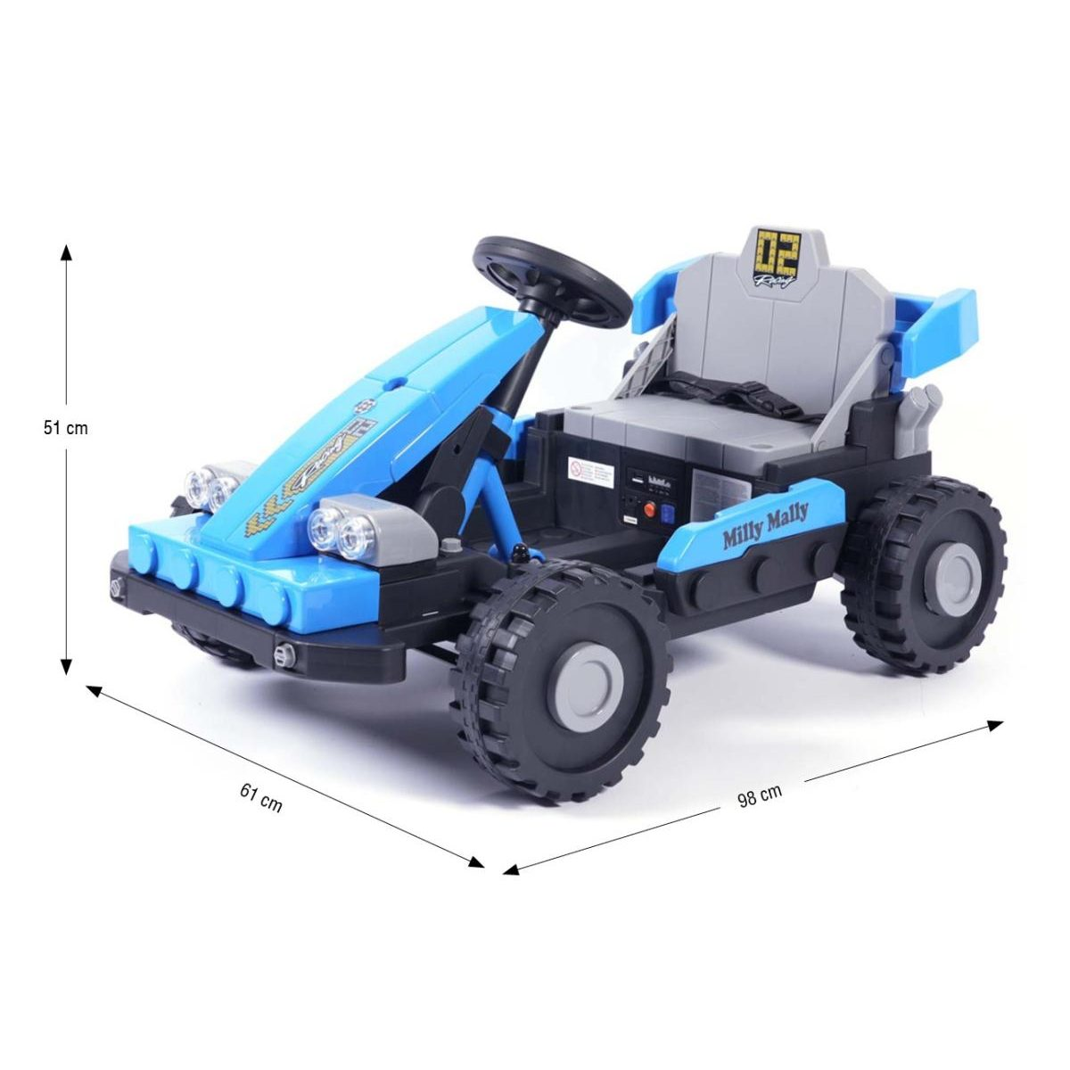 Ein blau-graues Kinder-Gokart mit groben schwarzen Reifen, Lenkrad und Maßangaben.