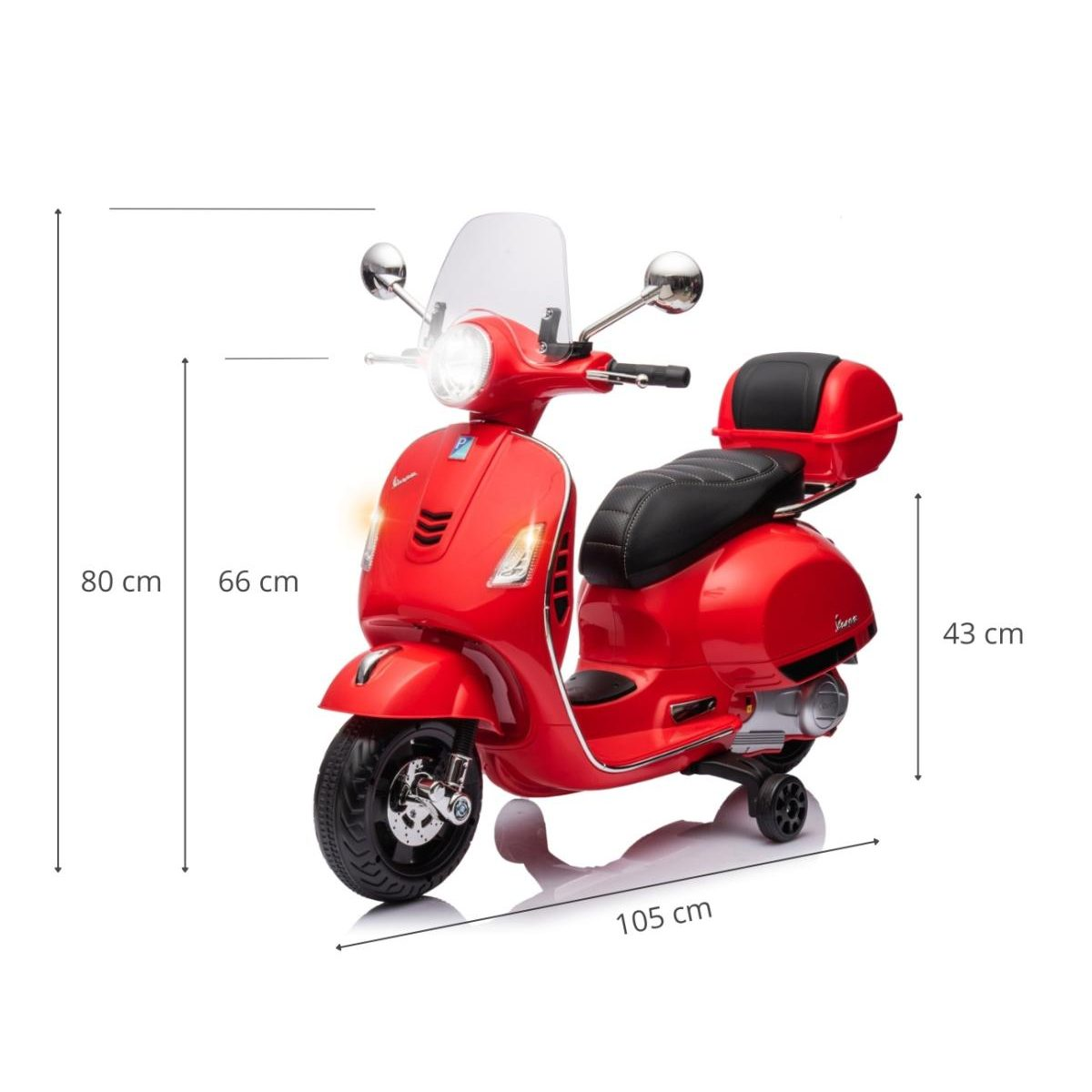 Ein roter Kinder-Vespa-Roller mit Maßen wie Länge 105 cm und Höhe 80 cm.