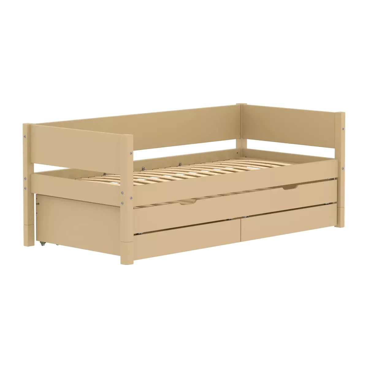 Ein beiger Holz-Tagesbett mit zwei Schubladen unten und Holzlatten vor weißem Hintergrund.