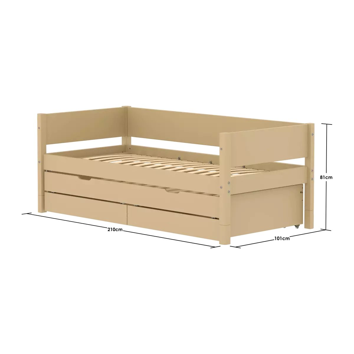 Ein beiges Holz-Tagesbett mit darunter liegenden Schubladen und Maßangaben von 210cm Länge, 101cm Breite und 81cm Höhe.
