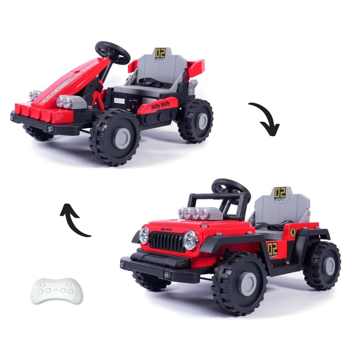 Rotes Kinder-Go-Kart mit Fernbedienung, umbaubar zum Jeep.