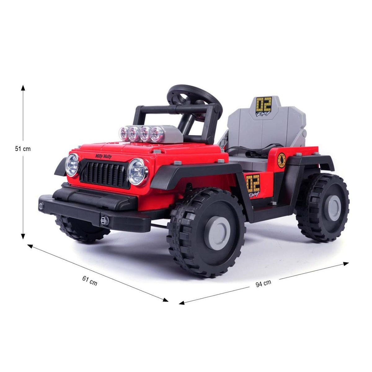 Rotes Spielzeugauto im Jeep-Design mit großen schwarzen Rädern, grauen Sitz und Abmessungen von 94x61x51 cm.