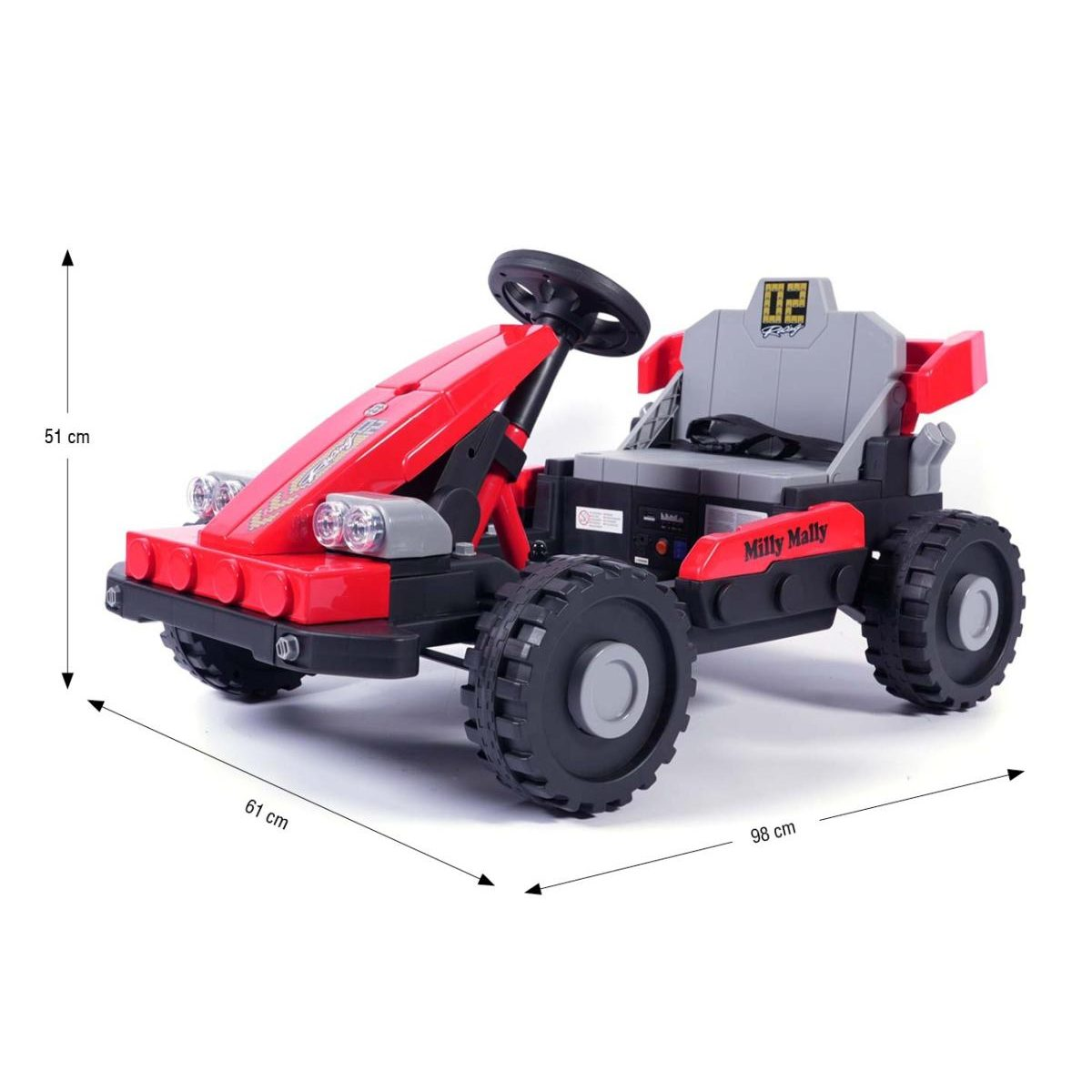 Ein rotes und graues Kinder-Go-Kart mit schwarzen Rädern, Lenkrad und Maßangaben auf weißem Hintergrund.