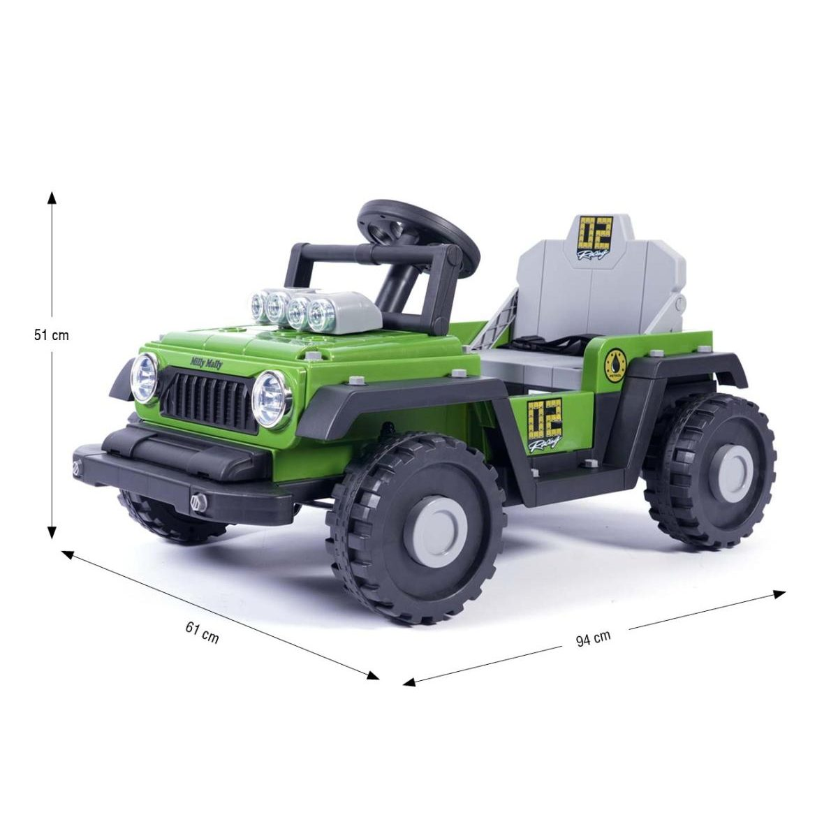Ein grüner und schwarzer Spielzeugjeep mit den Maßen: 51 cm Höhe, 61 cm Breite und 94 cm Länge.