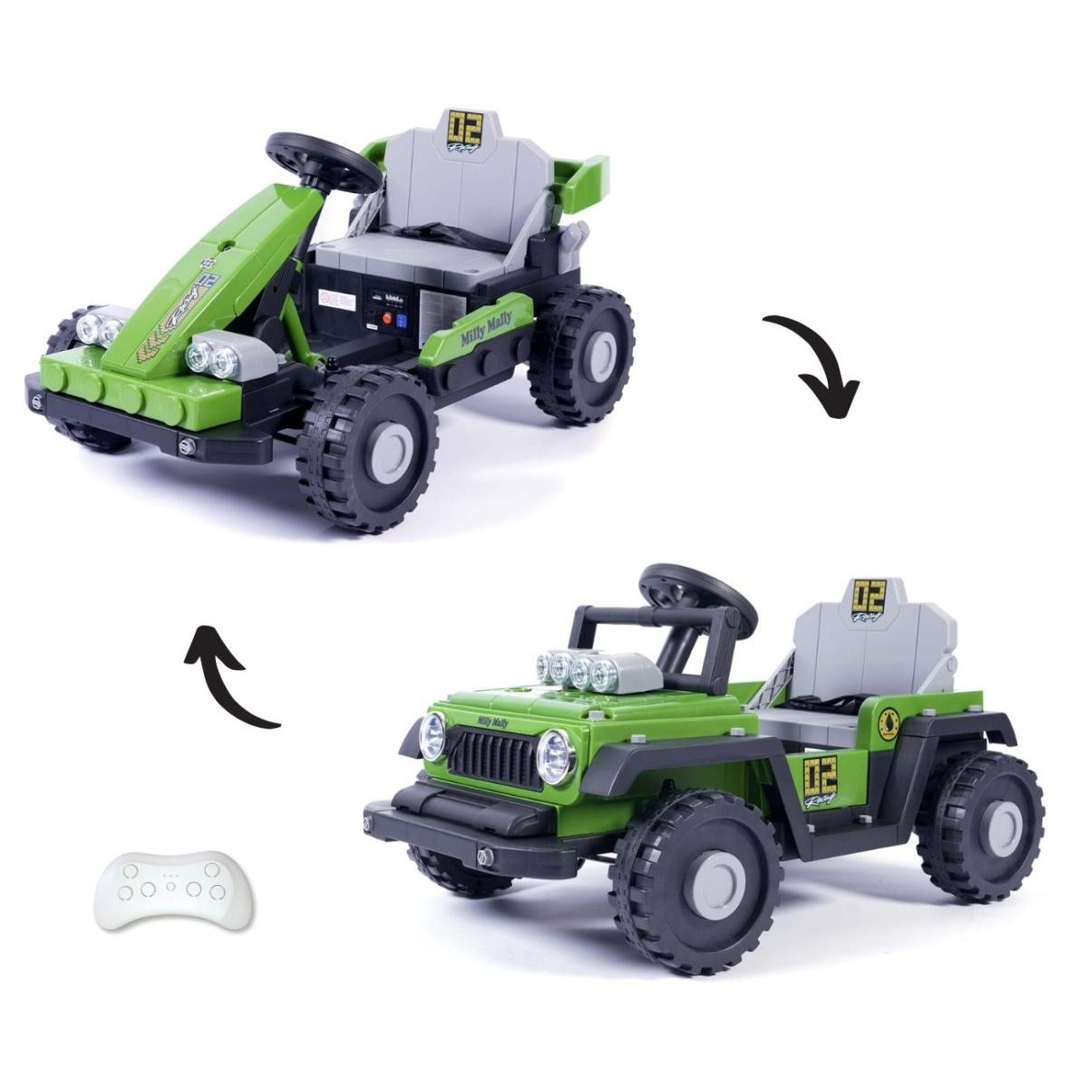 Grünes Kinder-Go-Kart, das sich in ein Geländefahrzeug umbauen lässt, mit Fernbedienung.