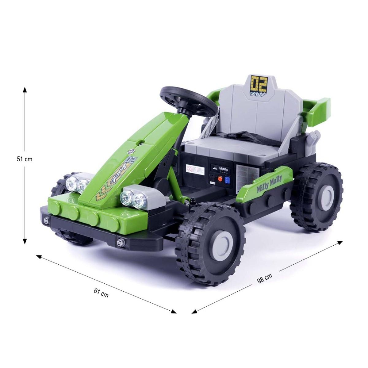 Grünes Kinder-Go-Kart mit schwarzem Lenkrad, grauem Sitz und Maßen von 51 cm Höhe, 61 cm Breite und 98 cm Länge.