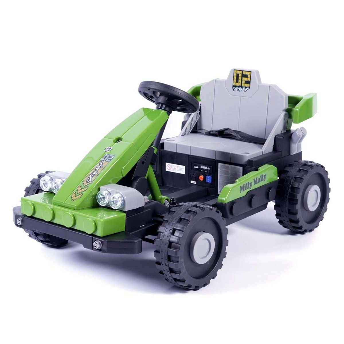 Ein grünes elektrisches Go-Kart für Kinder mit großen Reifen, einem grauen Sitz und dem Aufdruck Milly Mally.