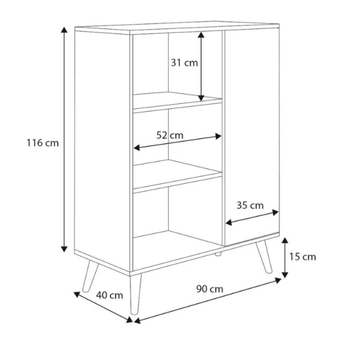 Strichzeichnung eines Schranks mit Maßen: Höhe 116 cm, Breite 90 cm, Tiefe 40 cm und verschiedenen Innenmaßen.