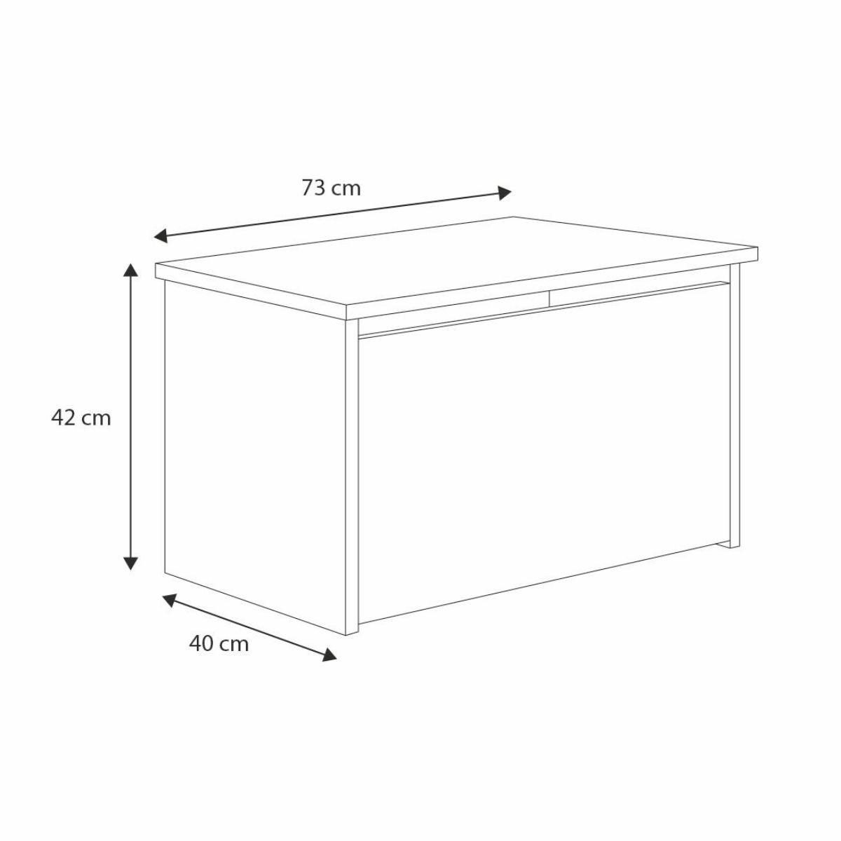 Strichzeichnung einer rechteckigen Truhe mit den Maßen: 73 cm breit, 42 cm hoch und 40 cm tief.